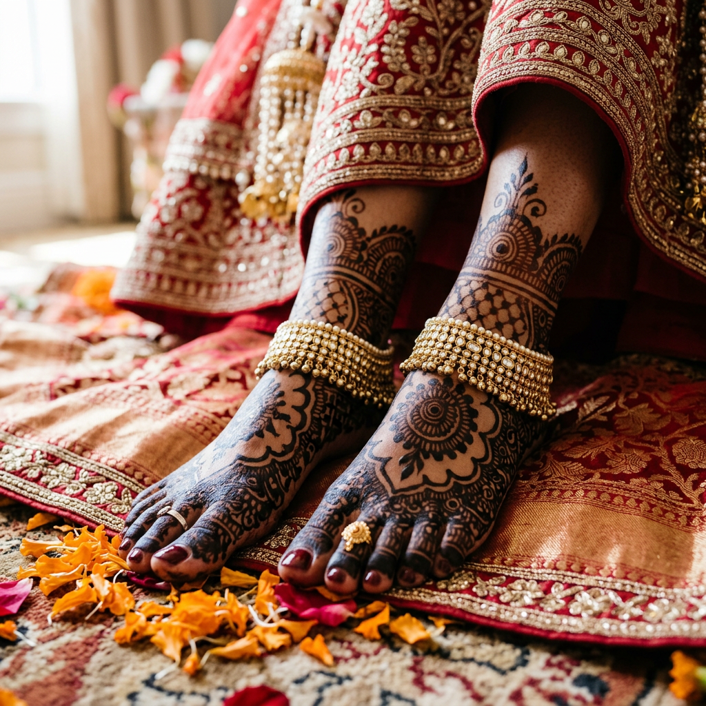 Feet decorated with intricate black mehndi designs, golden anklets, and red bridal clothing on a patterned textile with flower petals.